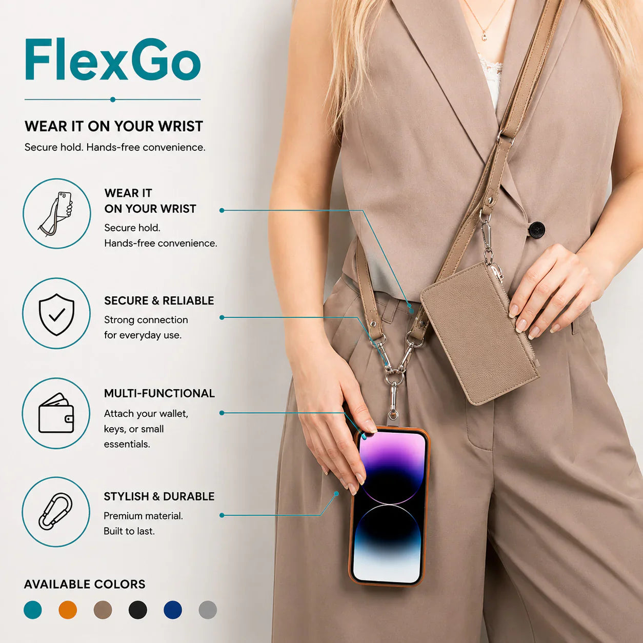 FlexGo Leather Phone Strap & Wallet Set – Clip-On Flex Bouletta