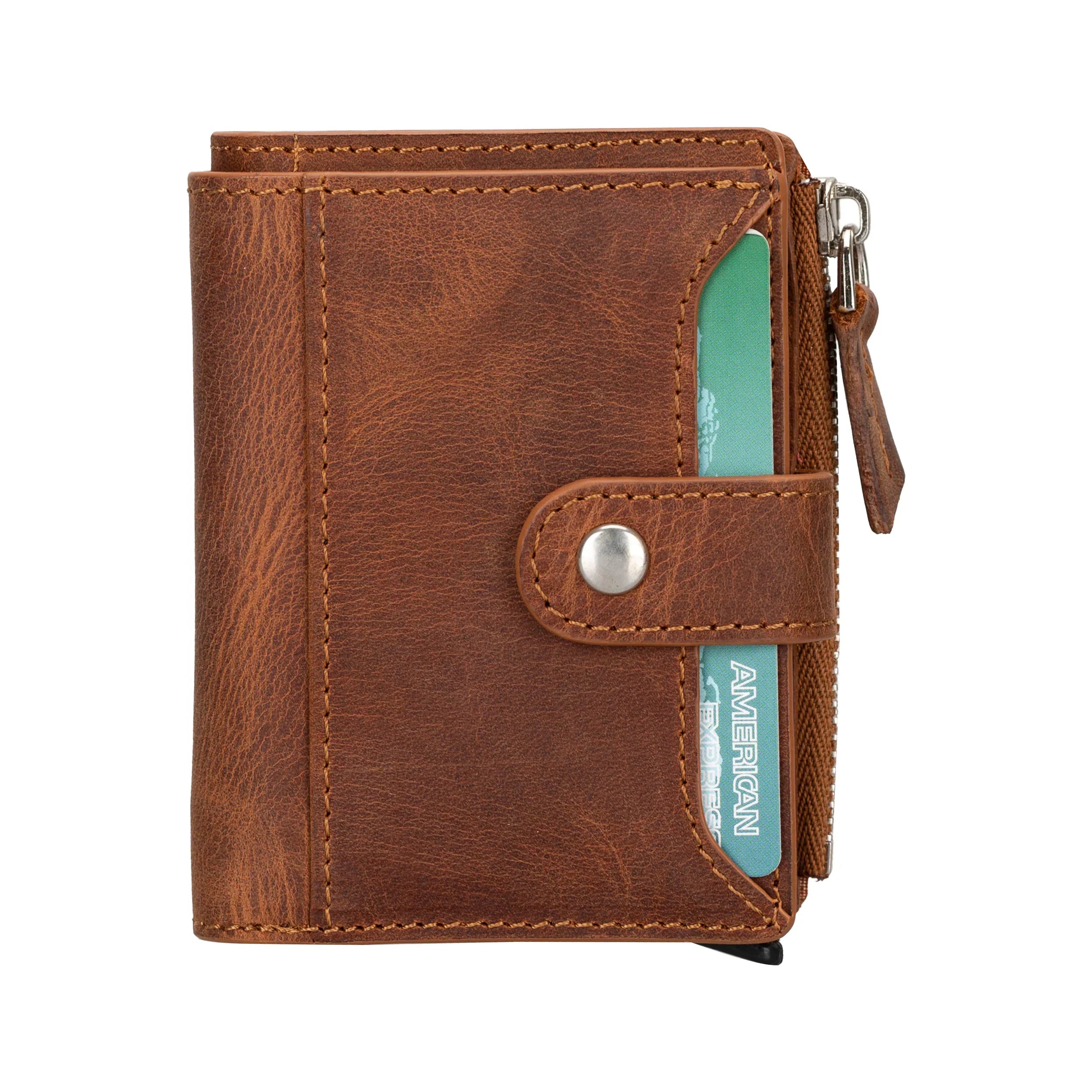 Leather Zip Mechanical Card Holder Saddle Brown Bouletta