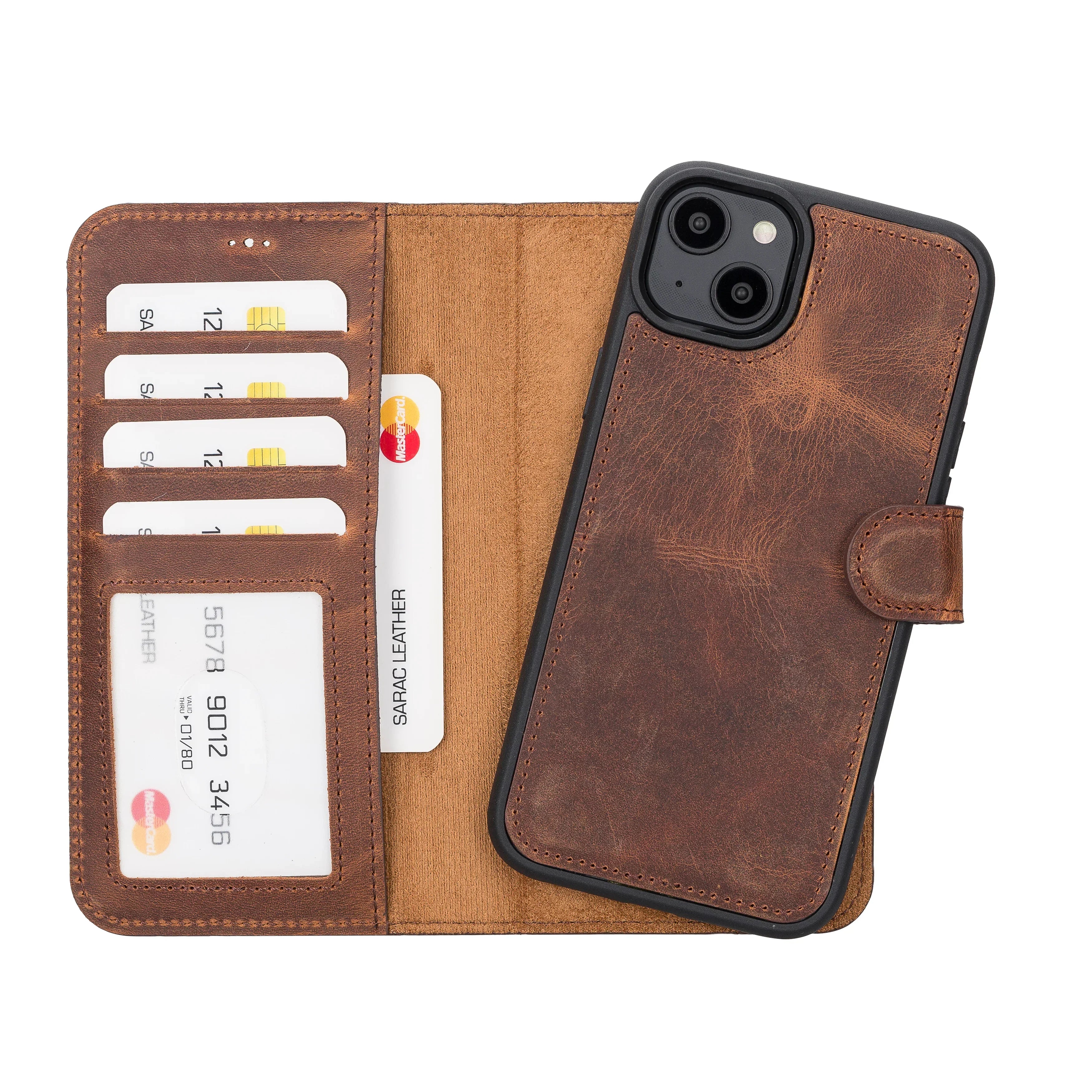 Liluri iPhone 14 Plus Detachable Leather Wallet Case Saddle Brown Bouletta