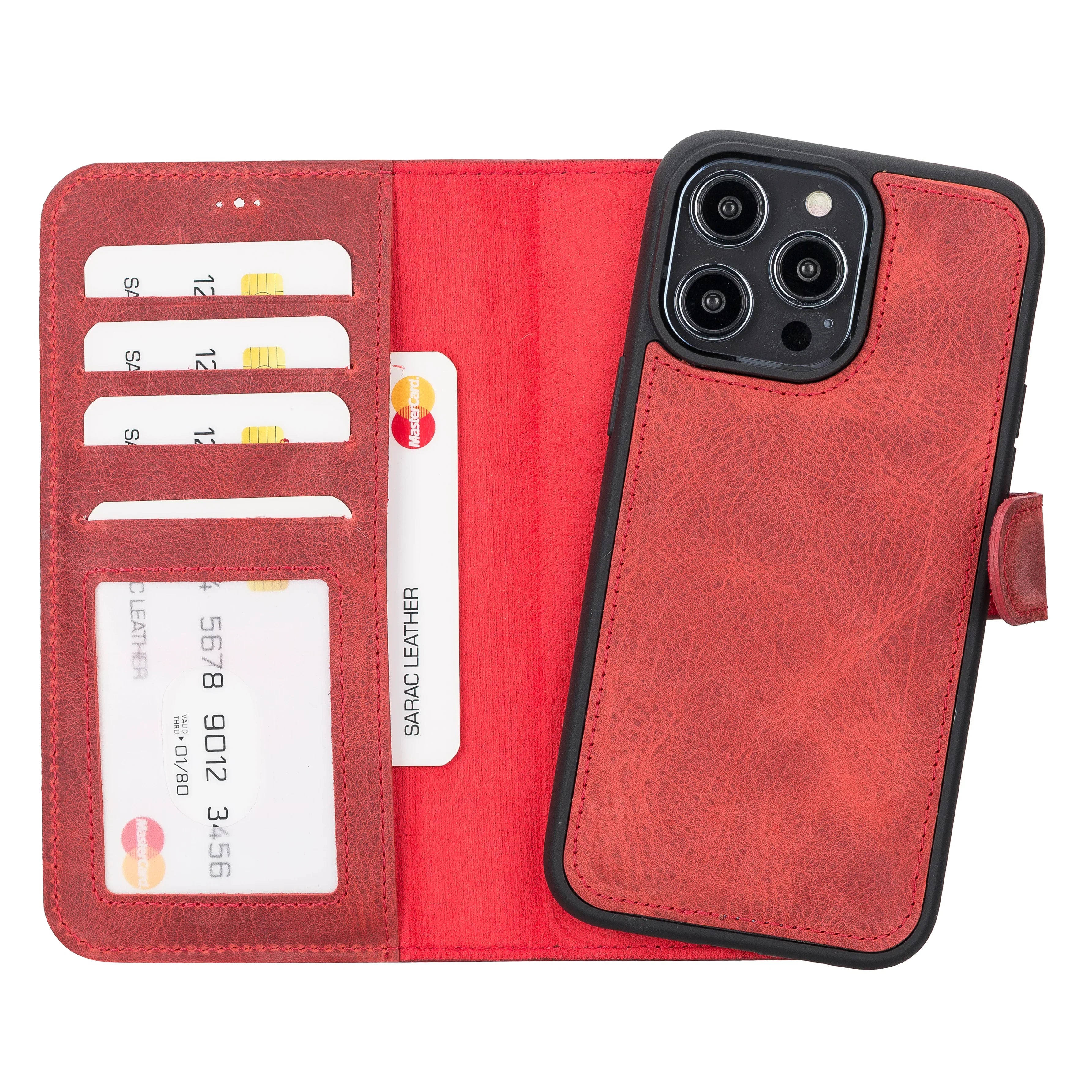 Liluri iPhone 14 Pro Max Detachable Leather Wallet Case Red Bouletta