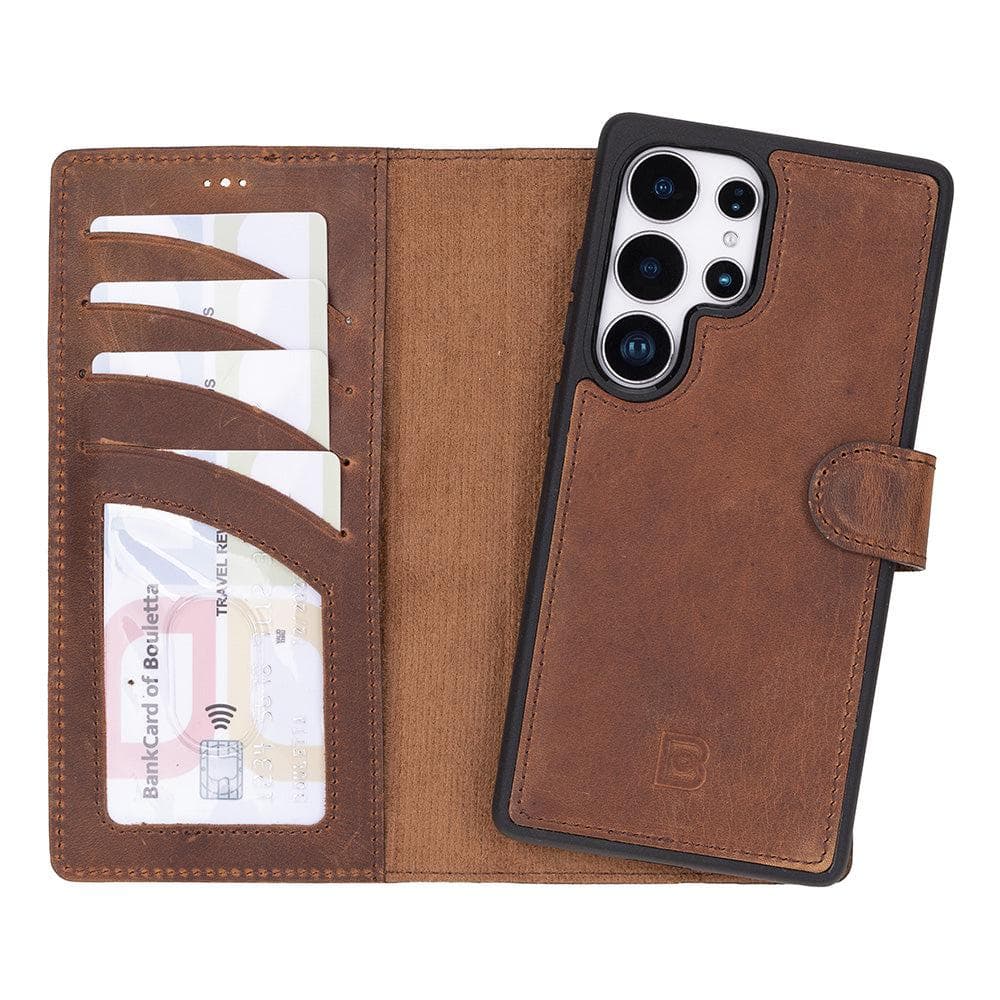 Luxury Handmade Genuine Leather Phone Case for Samsung Galaxy S25 Ultra – Magnetic & Detachable, Unisex Saddle Brown Bouletta