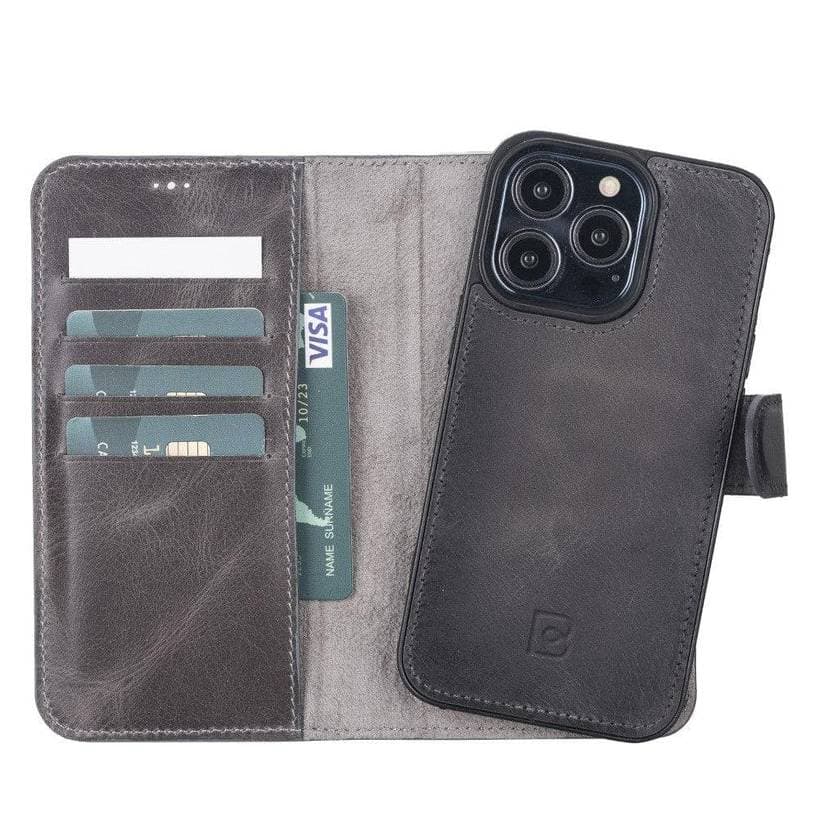Magic iPhone 13 Series Detachable Genuine Leather Wallet Case - MW iPhone 13 Pro Max / Vesselle Gray Bouletta