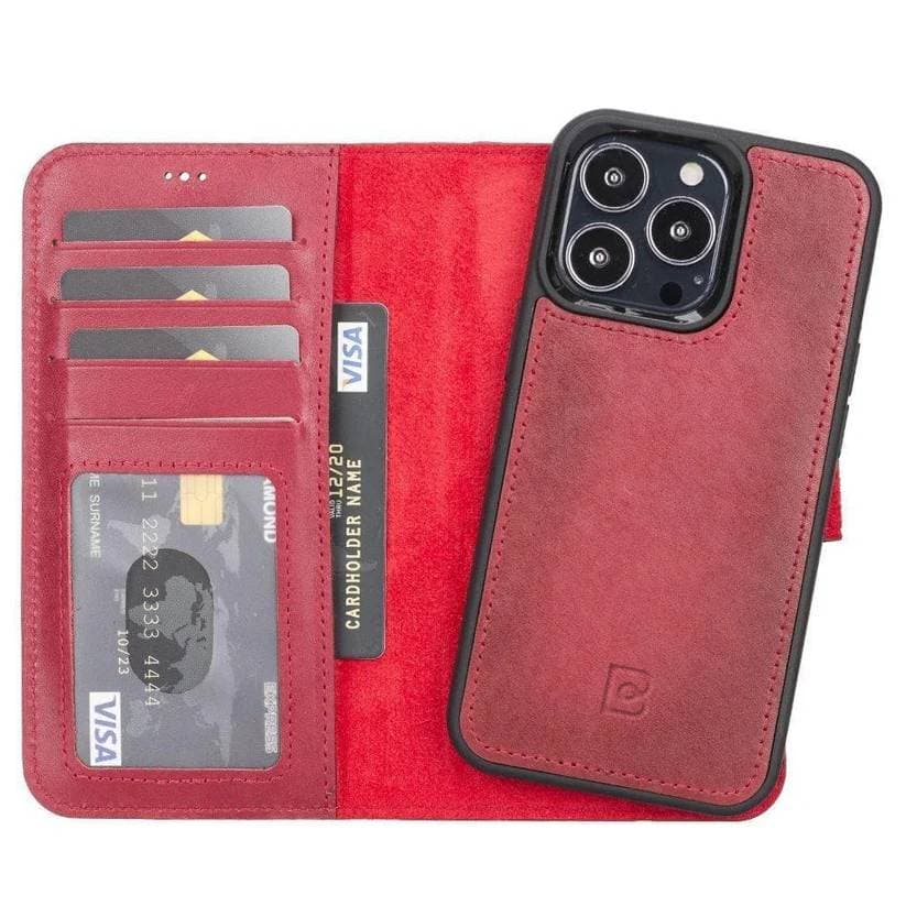 Magic iPhone 13 Series Detachable Genuine Leather Wallet Case - MW iPhone 13 Pro Max / Vegetal Red Bouletta