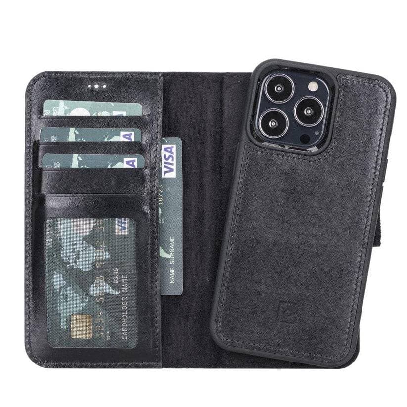 Magic iPhone 13 Series Detachable Genuine Leather Wallet Case - MW iPhone 13 Pro Max / Rustic Black Bouletta