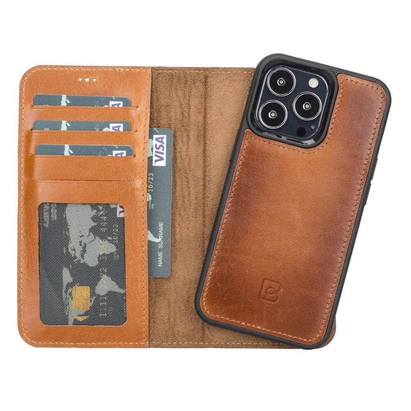 Magic iPhone 13 Series Detachable Genuine Leather Wallet Case - MW iPhone 13 Pro Max / Rustic Tan Bouletta