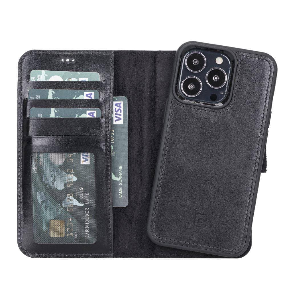 Magic iPhone 13 Series Detachable Genuine Leather Wallet Case - MW iPhone 13 Pro / Rustic Black Bouletta