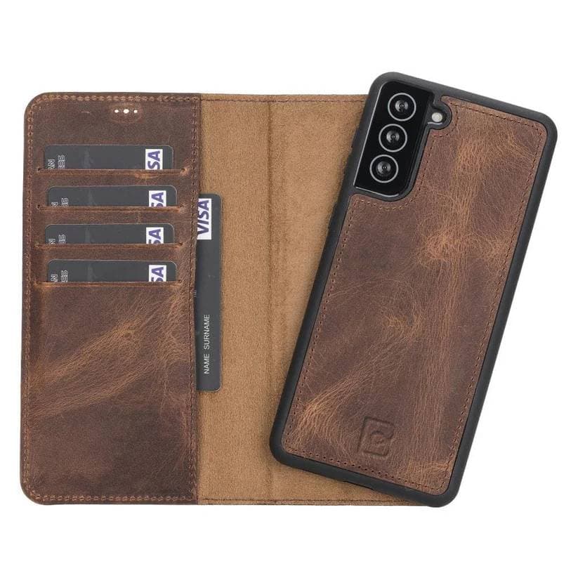 Magic Samsung Series Detachable Genuine Leather Wallet Case - MW Galaxy S21 / Antic Brown Bouletta