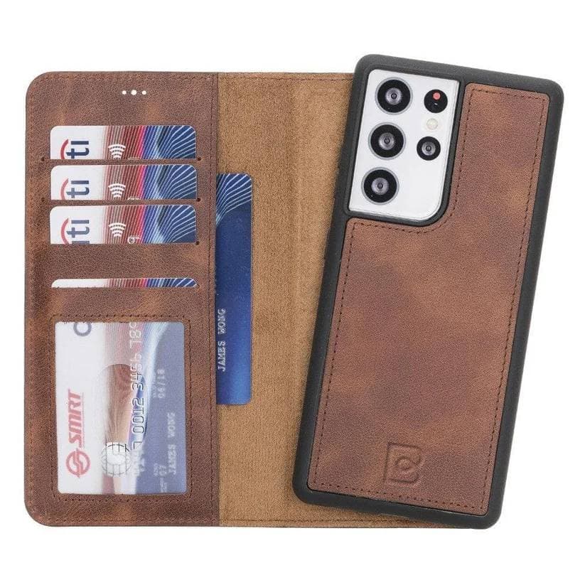 Magic Samsung Series Detachable Genuine Leather Wallet Case - MW Galaxy S21 / Tiguan Brown Bouletta