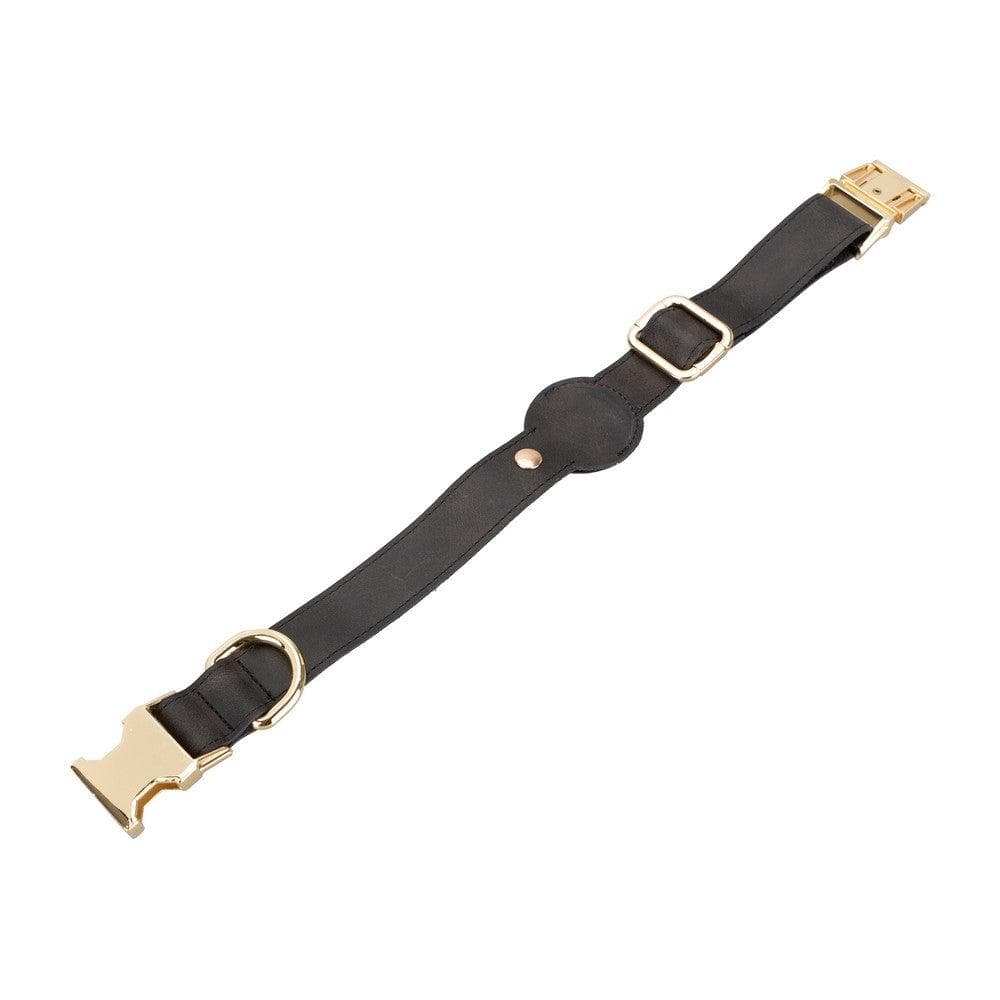 Real Leather Handmade Dog Collar, Apple AirTag Compatible Slot, 50cm Adjustable Size Matte Black Bouletta