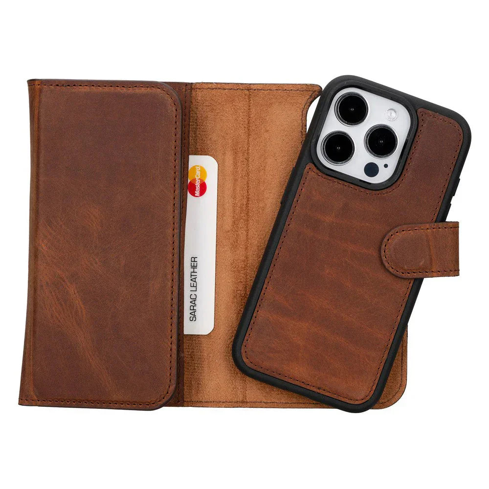 Santa iPhone 15 Pro Leather Detachable Wallet Case Saddle Brown Bouletta