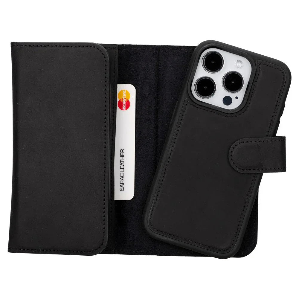 Santa iPhone 15 Pro Leather Detachable Wallet Case Black Bouletta