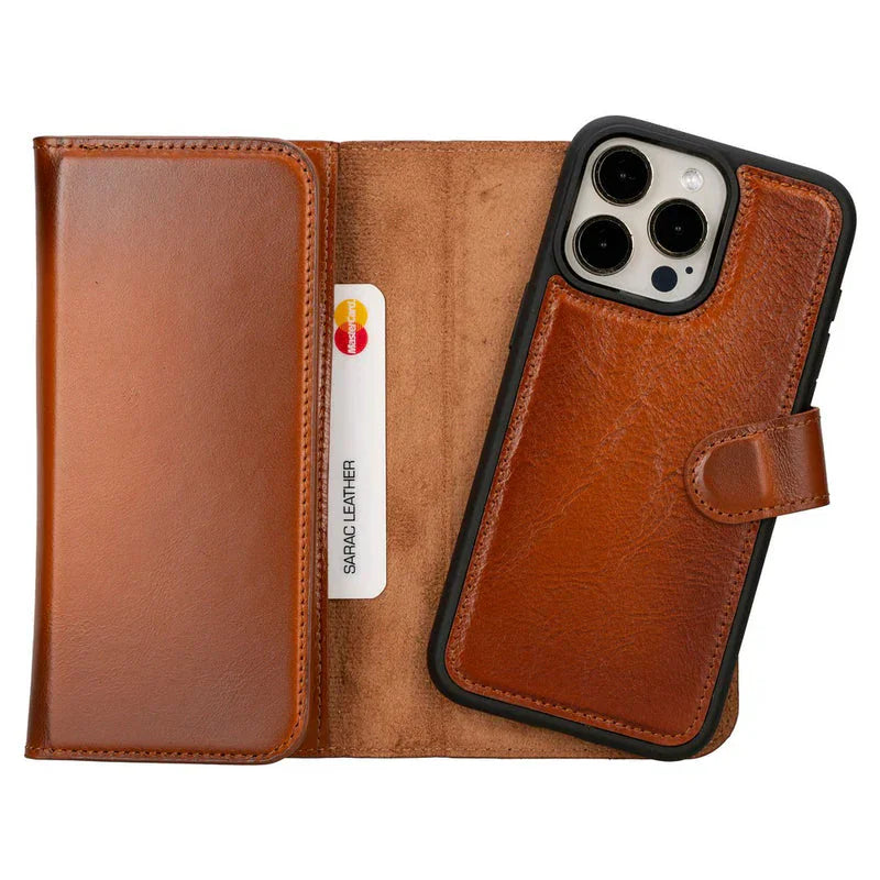 Santa iPhone 15 Pro Max Leather Detachable Wallet Case Tan Bouletta