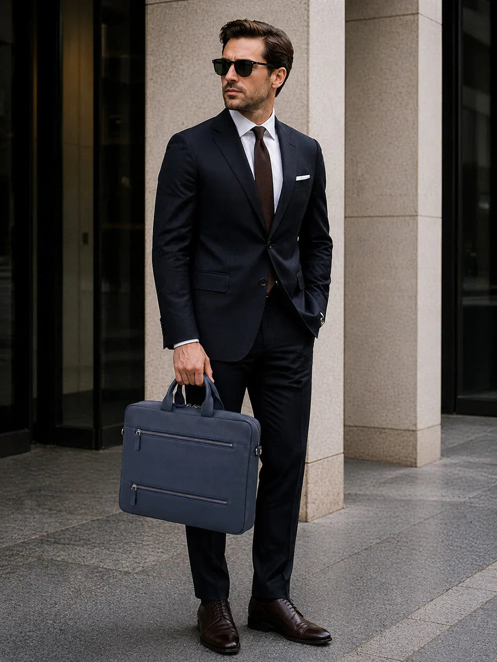 Truro Leather Business Briefcase / Laptop Case 16" with Suitcase Navy Blue Bouletta