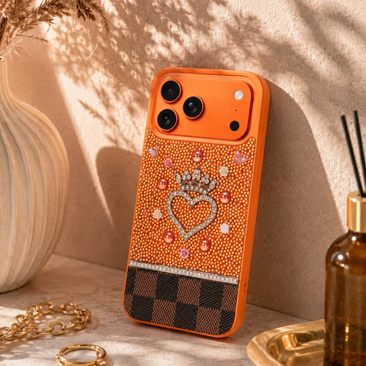 Vissel Heart Crystal Luxury Case for iPhone 17 Pro Max Orange Bouletta