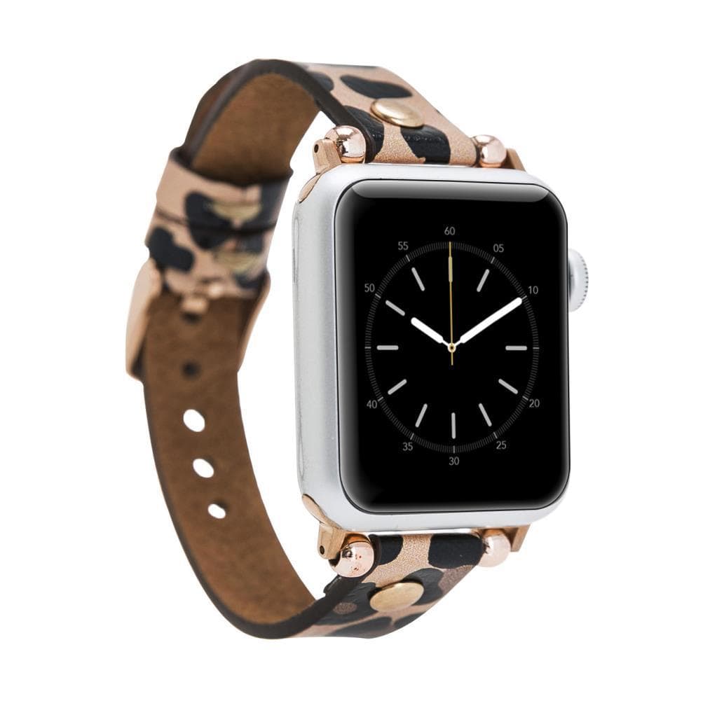 Leather Apple Watch Bands - Ferro Gold Trok Style Leo-Ne Leopar Baskılı Bouletta