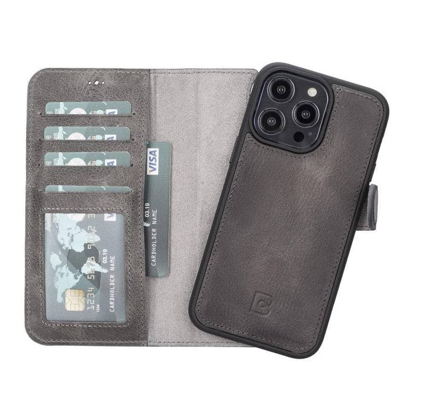 Apple iPhone 14 Series Leather Wallet Case / MWWN - Window Magic iPhone 14 / BURNISHED VESSELLE GRAY Bouletta
