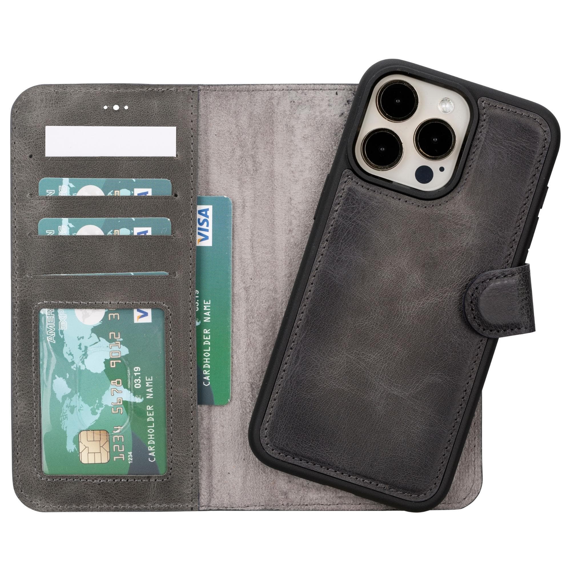 B2B - iPhone 15 Series Leather Wallet Case Gray / iPhone 15 Pro Max Bouletta B2B