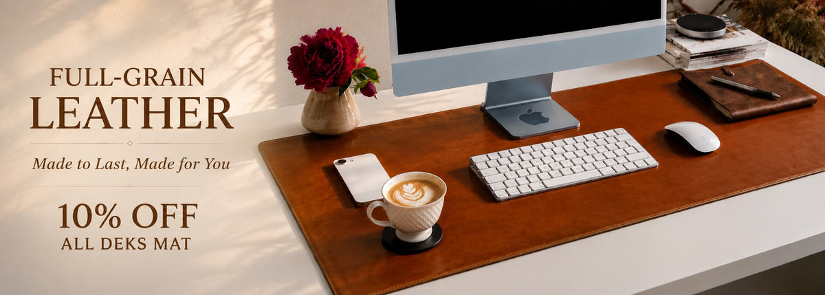 Leather desk mat on a styled workspace