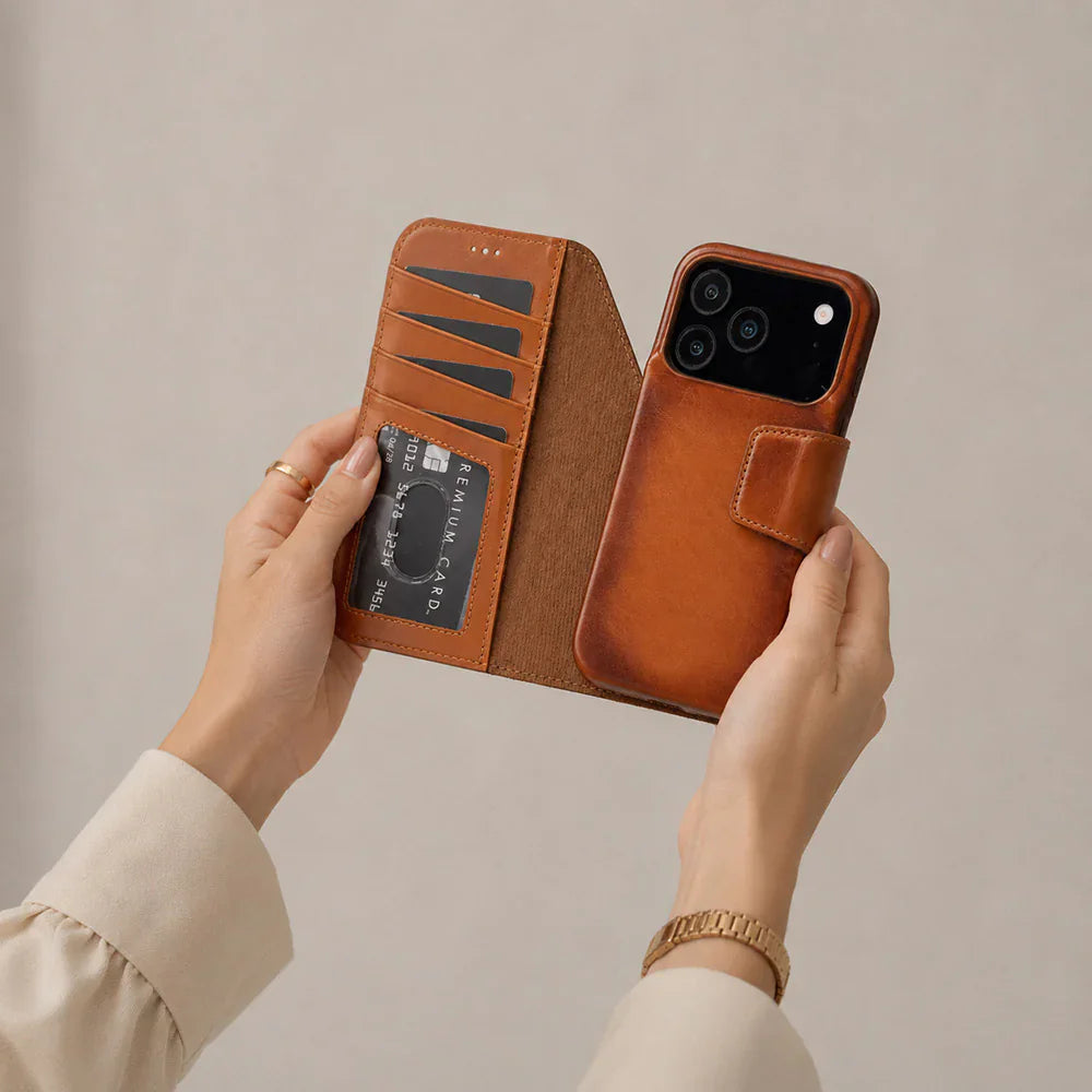 Elite Magic iPhone 17 Pro Leather Detachable Wallet Case Tan Bouletta