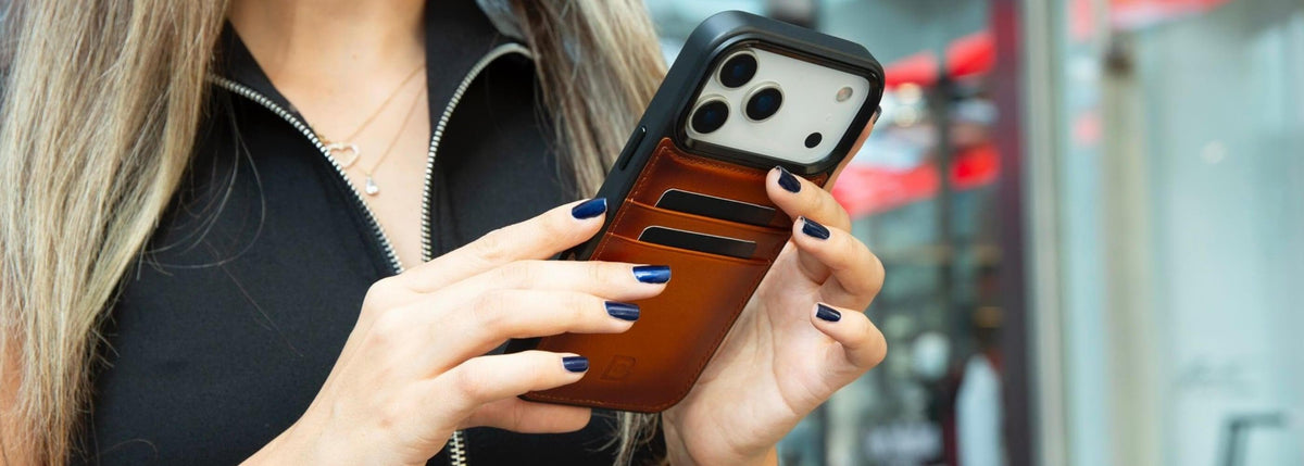 Leather wallet phone case in hand
