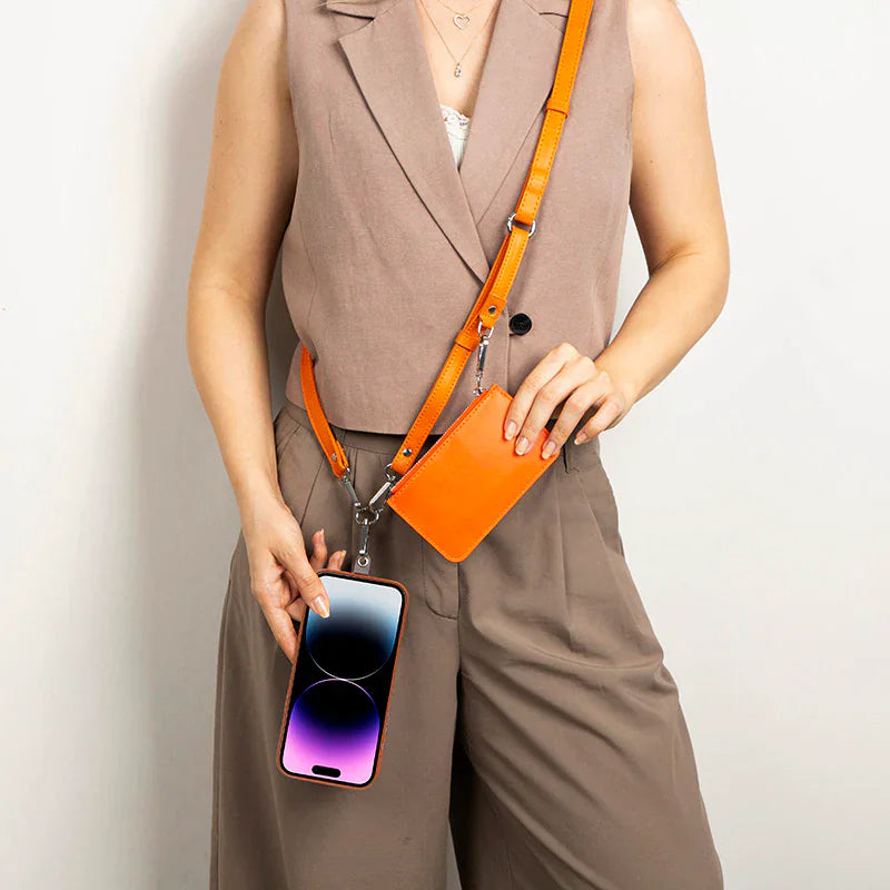 FlexGo Leather Phone Strap & Wallet Set – Clip-On Flex Orange Bouletta