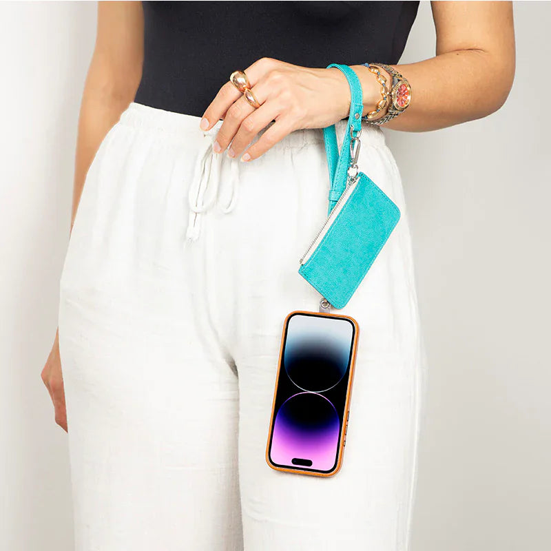 FlexGo Leather Phone Strap & Wallet Set – Clip-On Flex Turquoise Bouletta