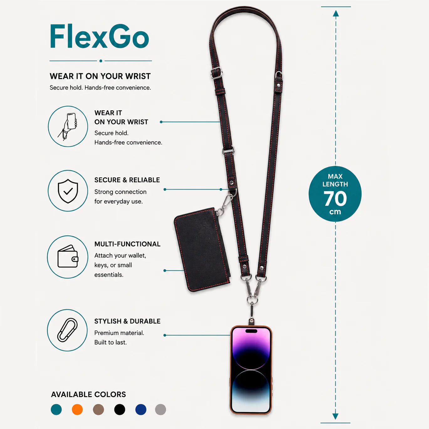 FlexGo Leather Phone Strap & Wallet Set – Clip-On Flex Bouletta