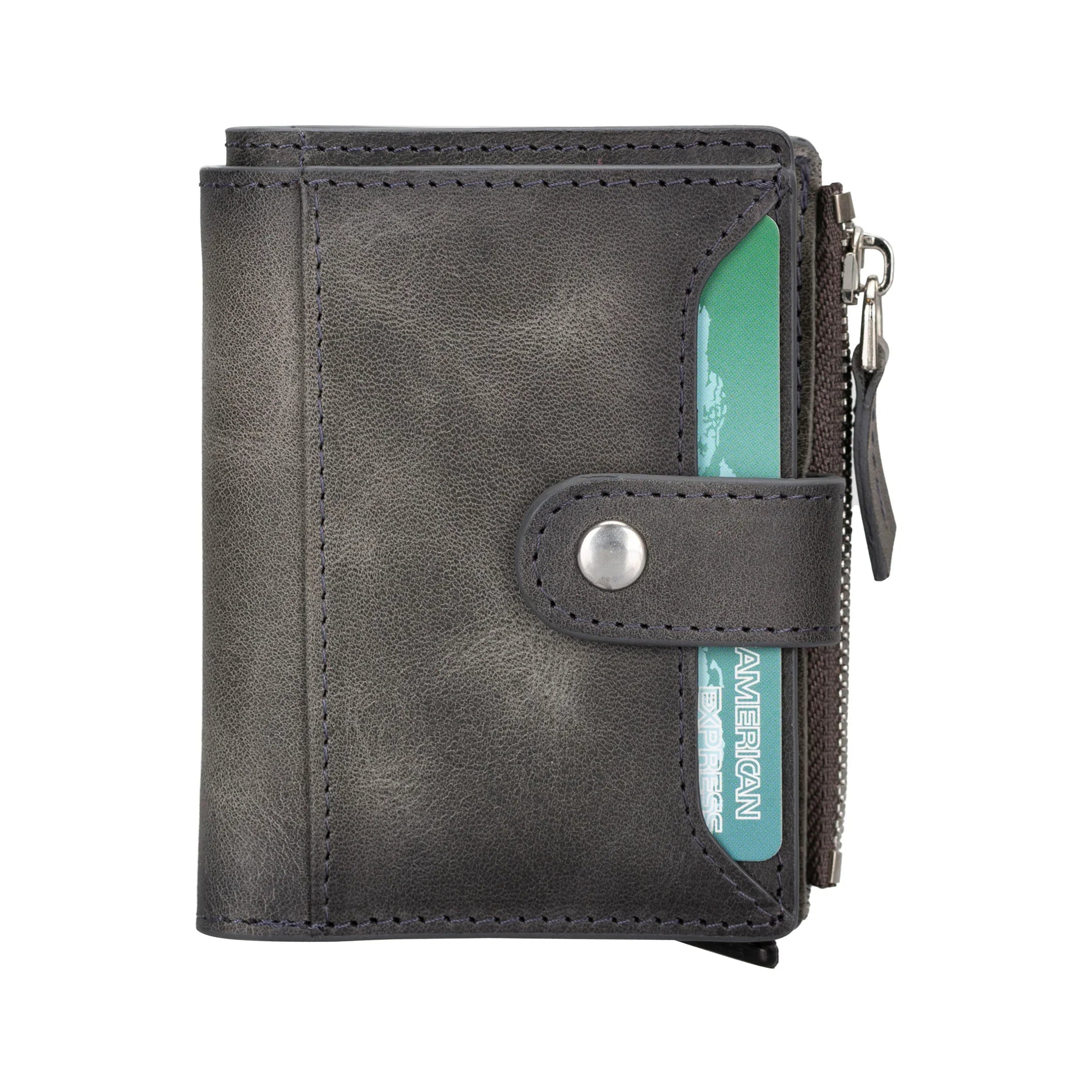 Leather Zip Mechanical Card Holder Gray Bouletta