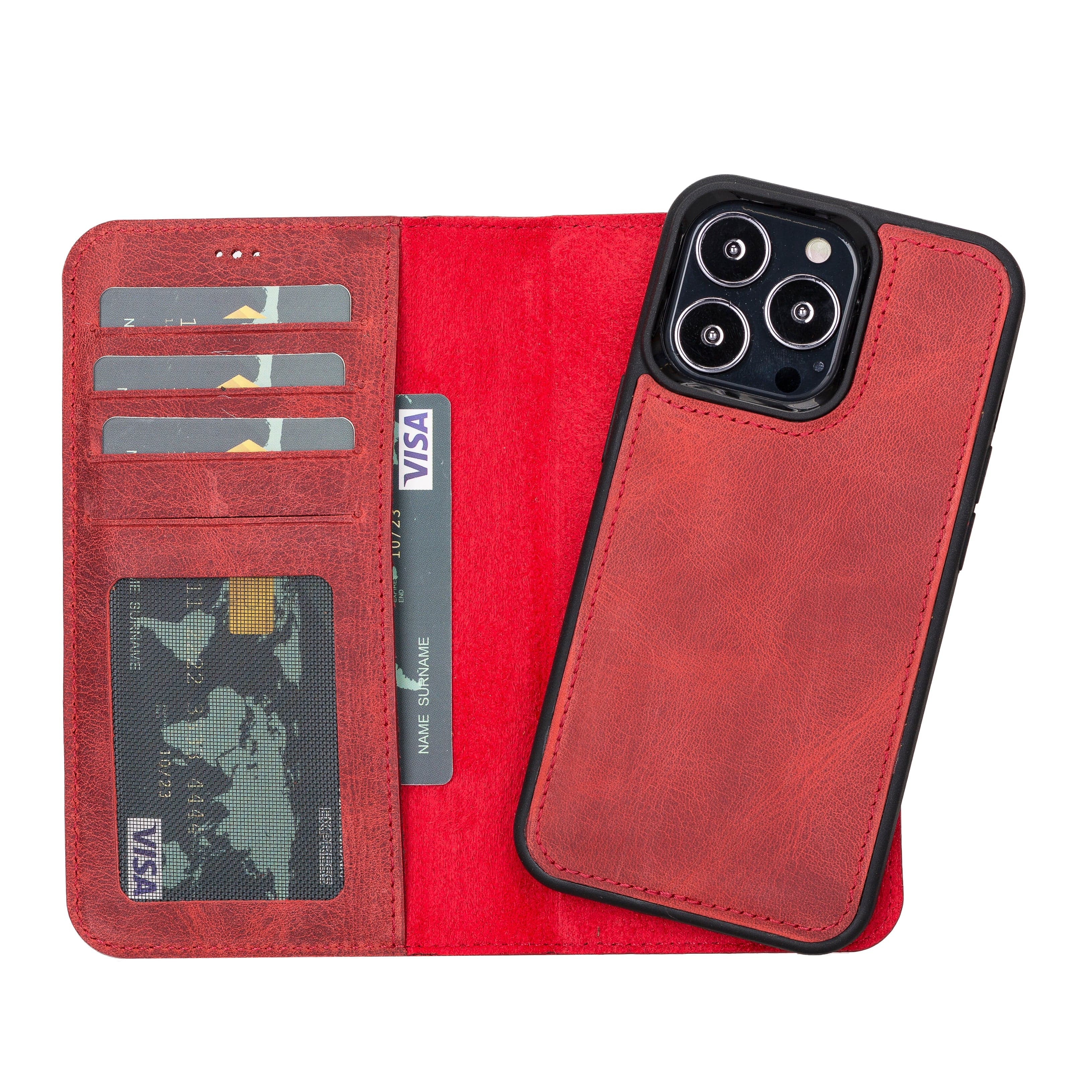 Liluri iPhone 13 Pro Detachable Leather Wallet Case Red Bouletta