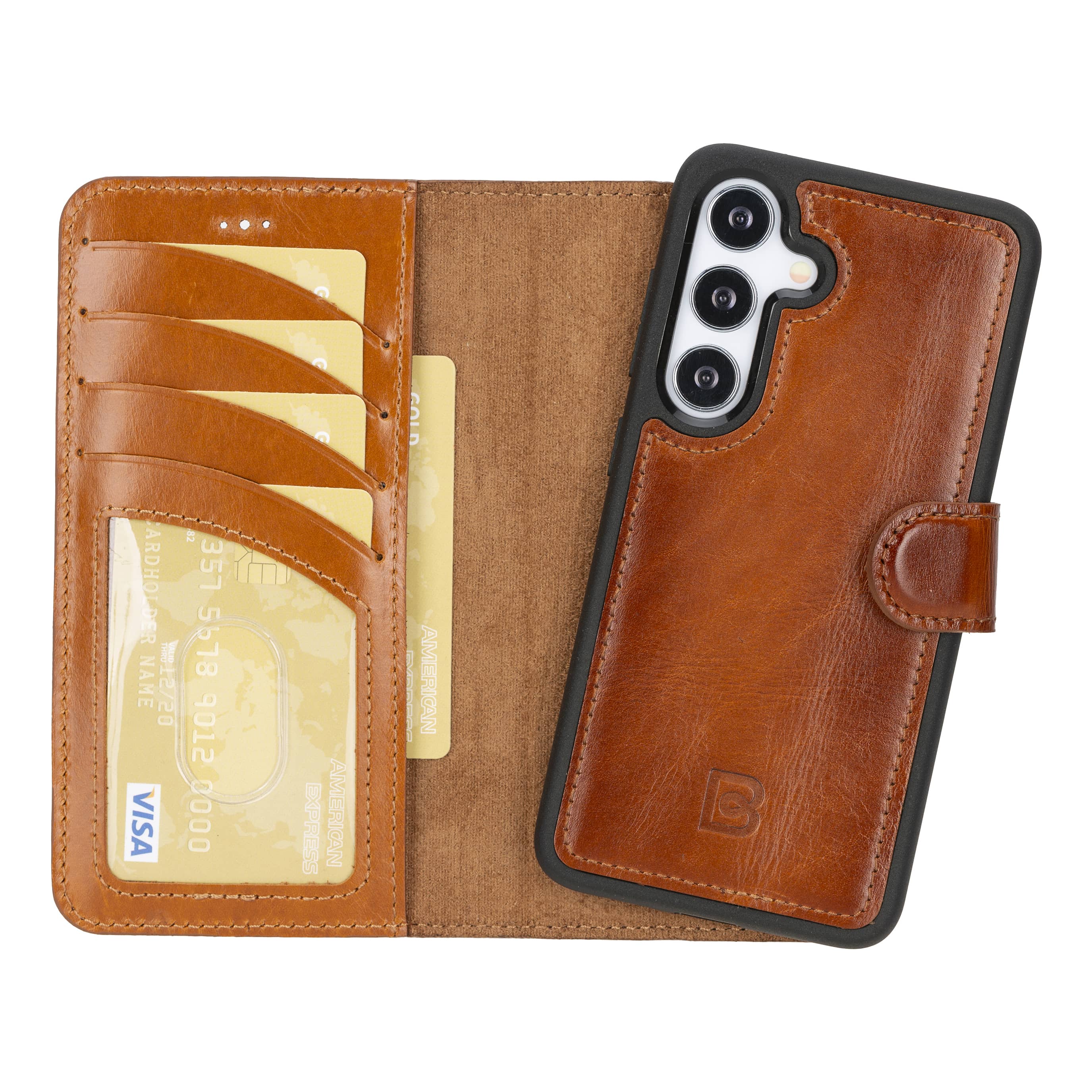 Luxury Handmade Genuine Leather Phone Case for Samsung Galaxy S25 Plus – Magnetic & Detachable, Unisex Tan Bouletta