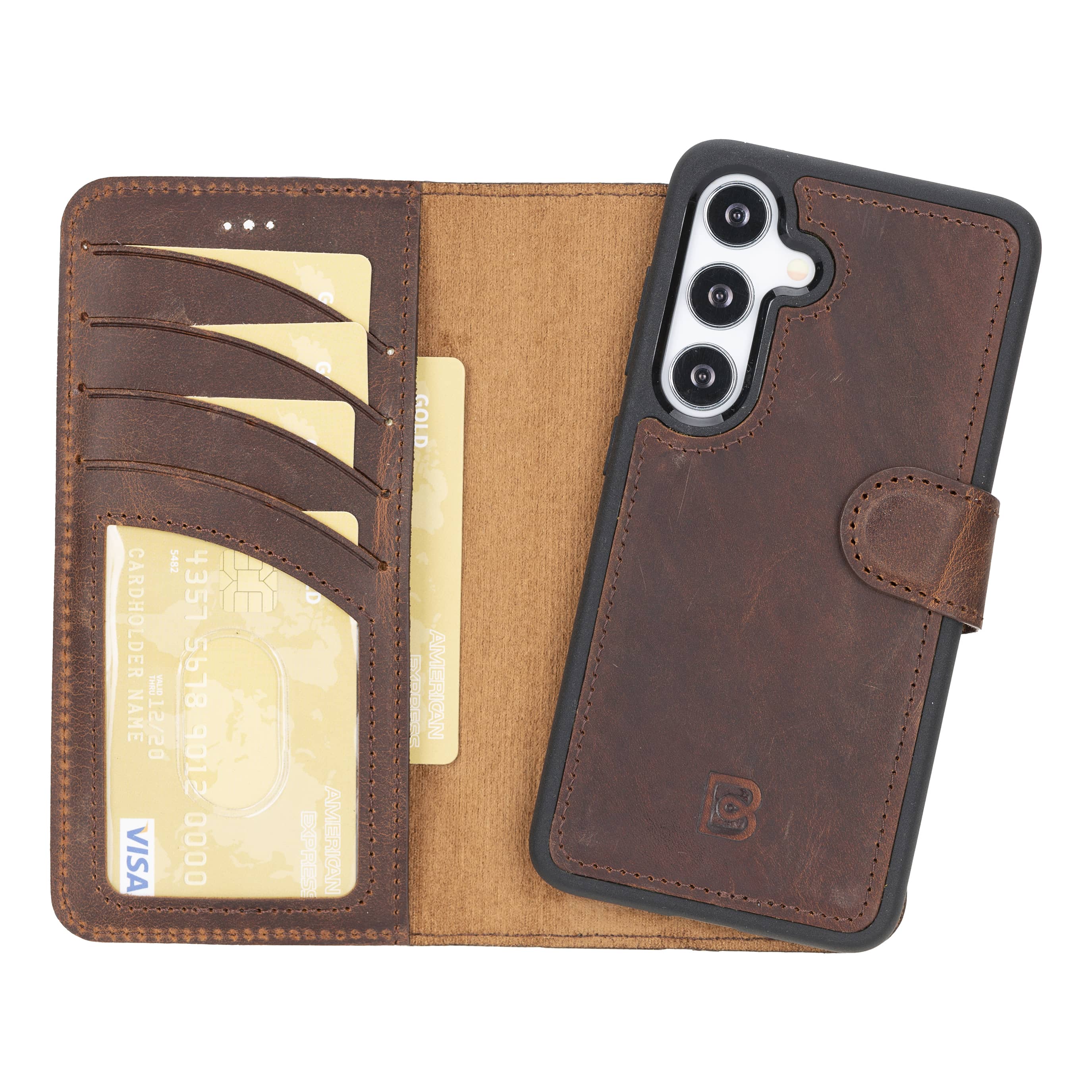 Luxury Handmade Genuine Leather Phone Case for Samsung Galaxy S25 Plus – Magnetic & Detachable, Unisex Saddle Brown Bouletta