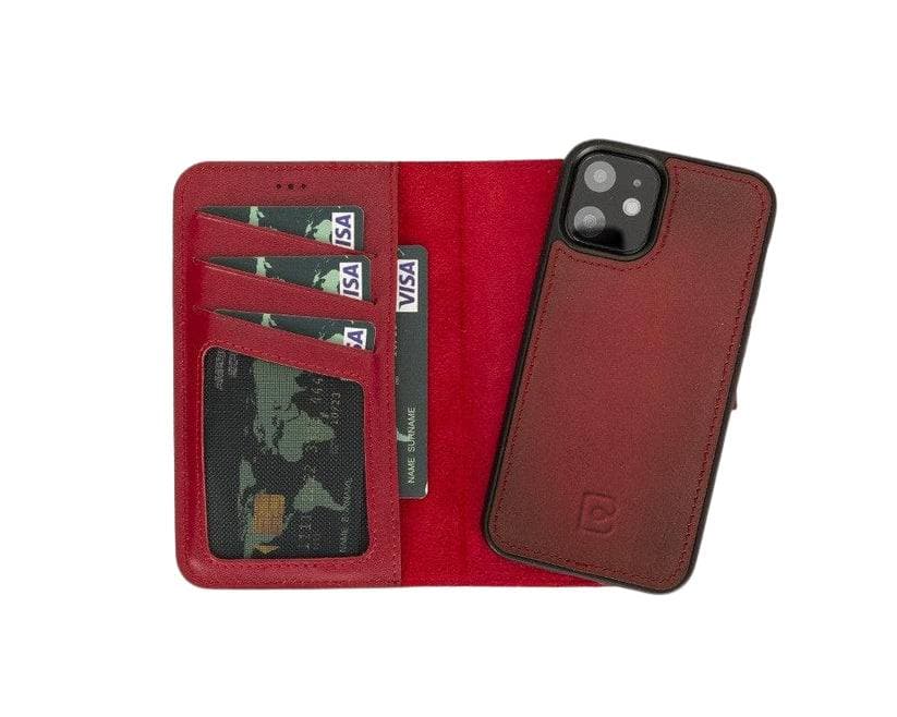 Magic iPhone 12 Series Detachable Genuine Leather Wallet Case - MW iPhone 12 Mini / Burnished Vegetal Red Bouletta