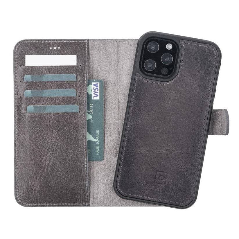 Magic iPhone 12 Series Detachable Genuine Leather Wallet Case - MW iPhone 12 Mini / Burnished Vesselle Gray Bouletta