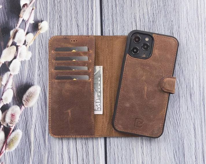 Magic iPhone 12 Series Detachable Genuine Leather Wallet Case - MW iPhone 12 Mini / Antic Brown Bouletta