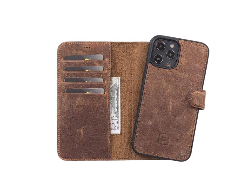 Magic iPhone 12 Series Detachable Genuine Leather Wallet Case - MW iPhone 12 / iPhone 12 Pro / Antic Brown Bouletta