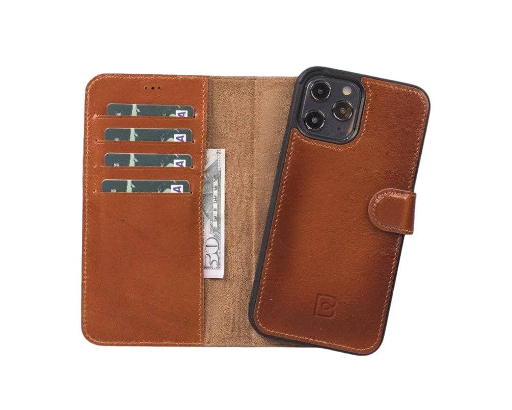Magic iPhone 12 Series Detachable Genuine Leather Wallet Case - MW iPhone 12 / iPhone 12 Pro / Burnished Rustic Tan Bouletta
