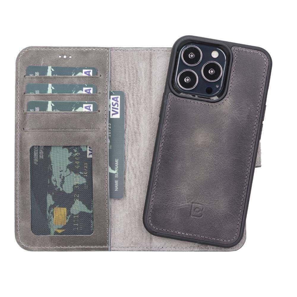 Magic iPhone 13 Series Detachable Genuine Leather Wallet Case - MW iPhone 13 Pro / Tiguan Gray Bouletta