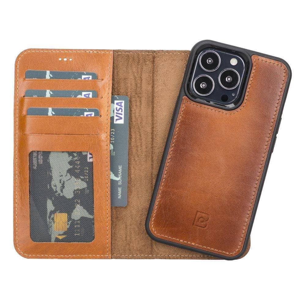 Magic iPhone 13 Series Detachable Genuine Leather Wallet Case - MW iPhone 13 Pro / Rustic Tan Bouletta