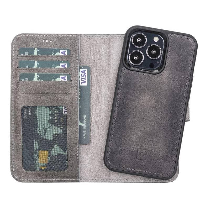 Magic iPhone 13 Series Detachable Genuine Leather Wallet Case - MW iPhone 13 Mini / Tiguan Gray Bouletta