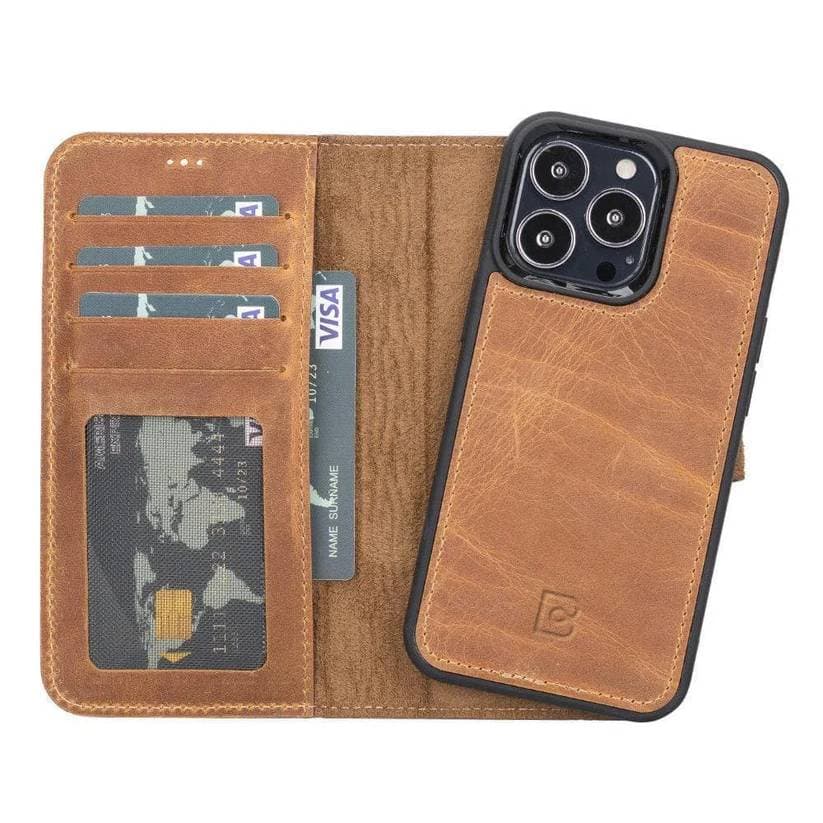 Magic iPhone 13 Series Detachable Genuine Leather Wallet Case - MW iPhone 13 / Antic Mocca Bouletta