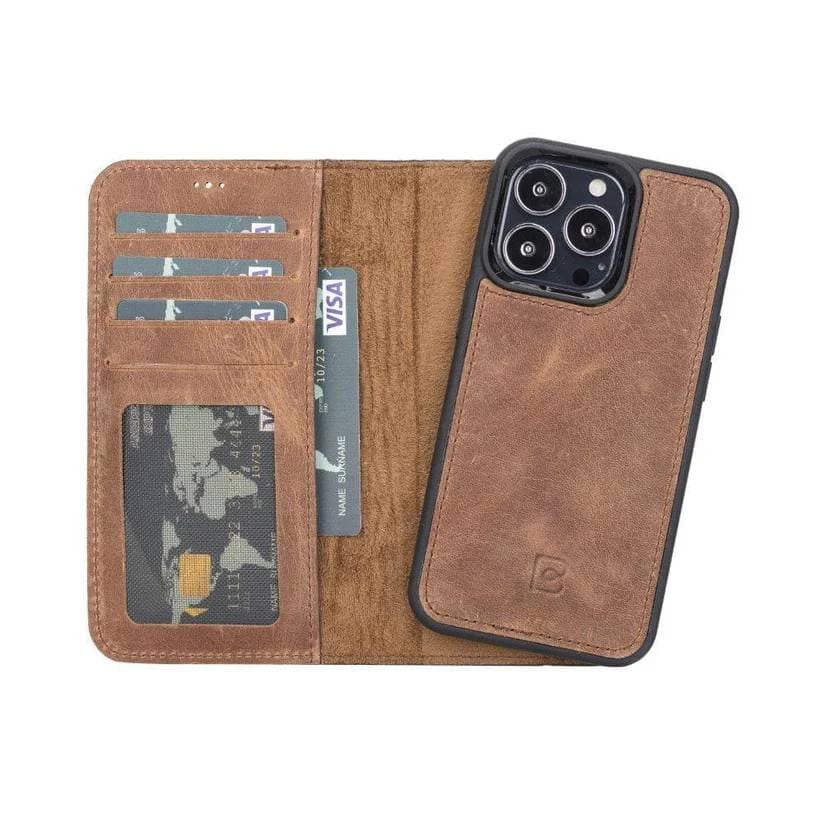 Magic iPhone 13 Series Detachable Genuine Leather Wallet Case - MW iPhone 13 / Antic Brown Bouletta