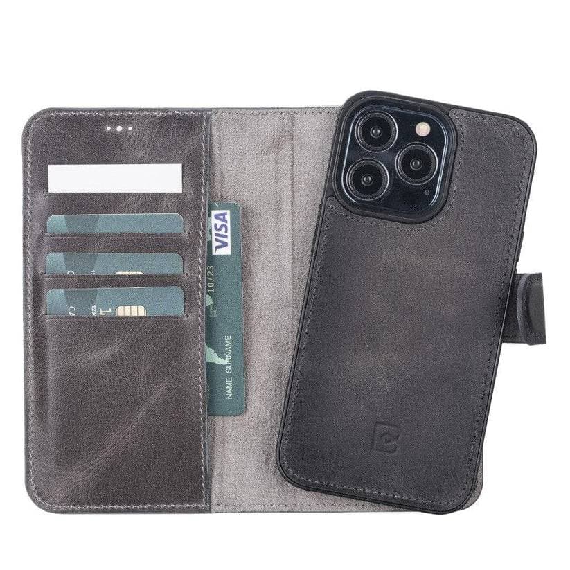 Magic iPhone 13 Series Detachable Genuine Leather Wallet Case - MW iPhone 13 / Vesselle Gray Bouletta