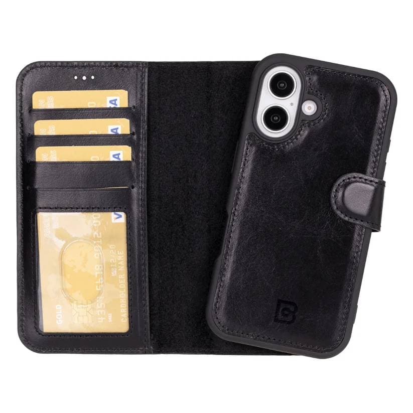 Magic iPhone 16 Detachable Genuine Leather Case Black Bouletta