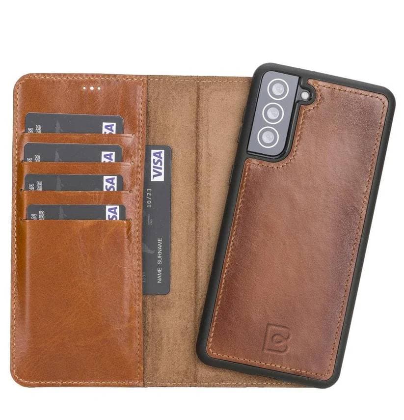Magic Samsung  Series Detachable Genuine Leather Wallet Case - MW Galaxy S21 / Burnished Rustic Tan Bouletta