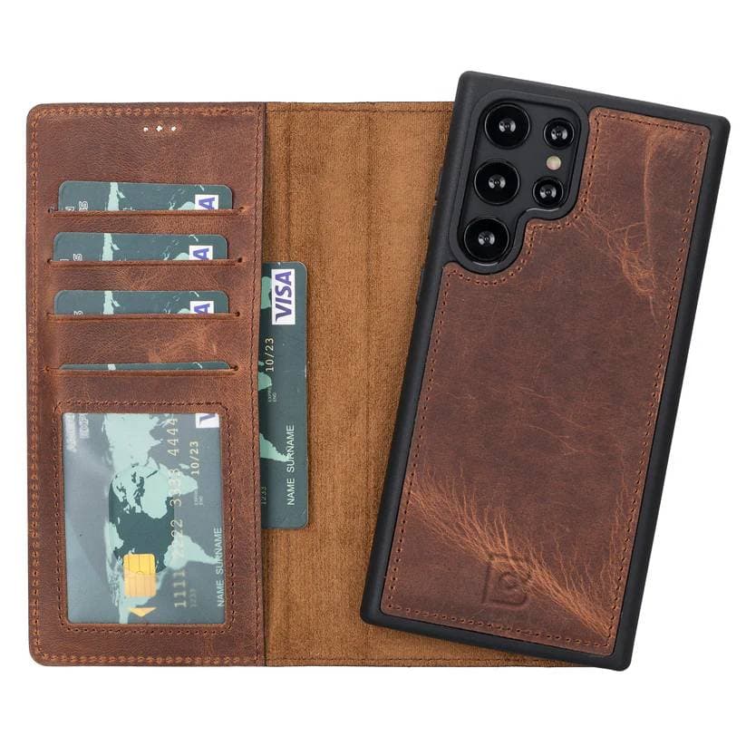Magic Samsung  Series Detachable Genuine Leather Wallet Case - MW Galaxy S22 Ultra / Antic Brown Bouletta