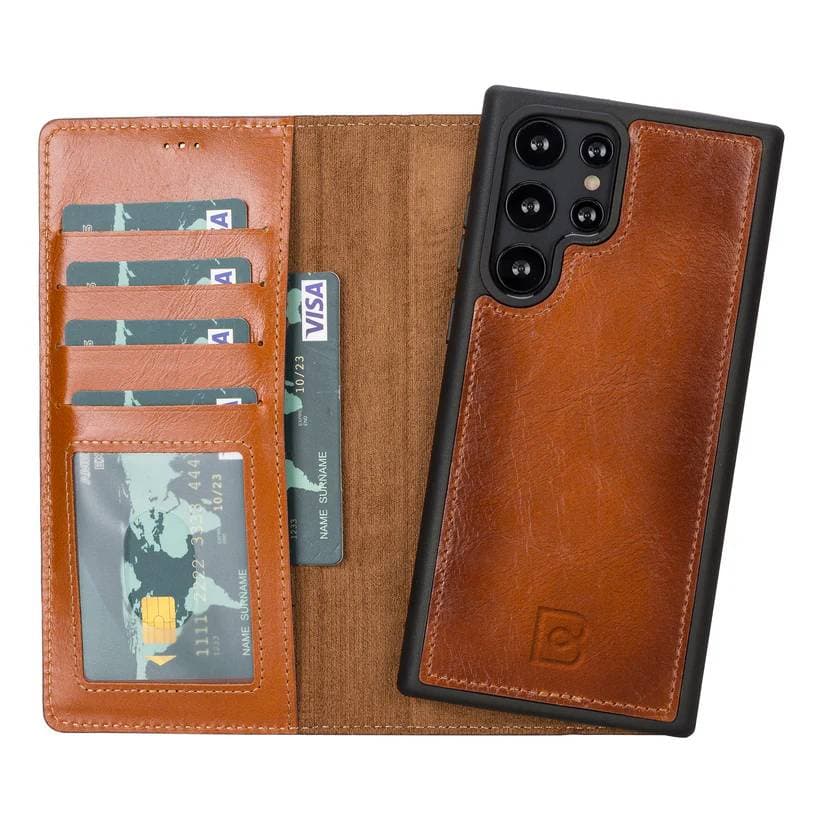 Magic Samsung  Series Detachable Genuine Leather Wallet Case - MW Galaxy S22 Ultra / Burnished Rustic Tan Bouletta