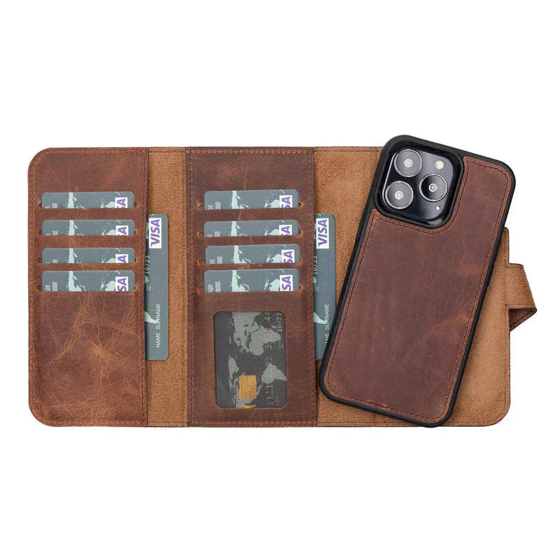 Santa iPhone 13 Pro Leather Detachable Wallet Case Saddle Brown Bouletta