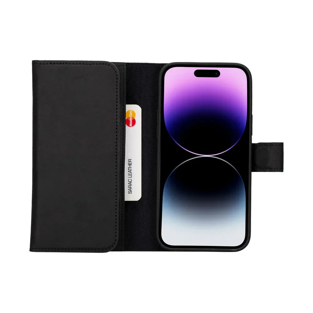 Santa iPhone 15 Plus Leather Detachable Wallet Case Black Bouletta