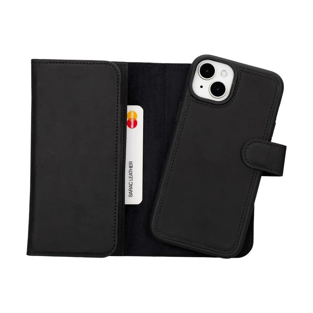 Santa iPhone 15 Plus Leather Detachable Wallet Case Black Bouletta