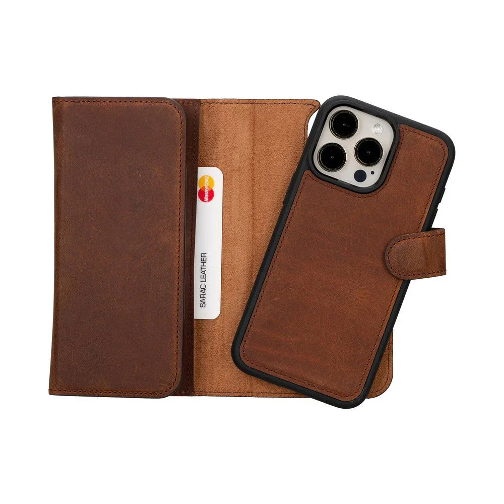 Santa iPhone 15 Pro Max Leather Detachable Wallet Case Saddle Brown Bouletta